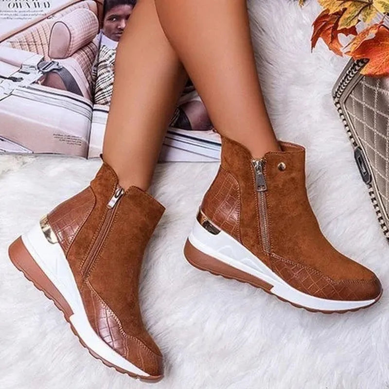 Dam Ankelboots – Stödjande Passform – Kilklack – Mjuk Textur – Dragkedja