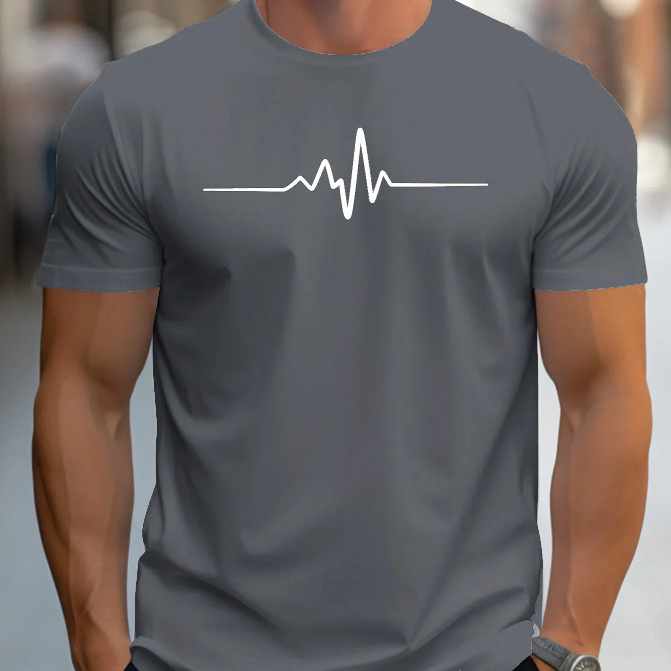 Herr T-shirt – Slim Fit – Mjukstickad – Rundhals – Kort Ärmslut – Grafiskt Tryck