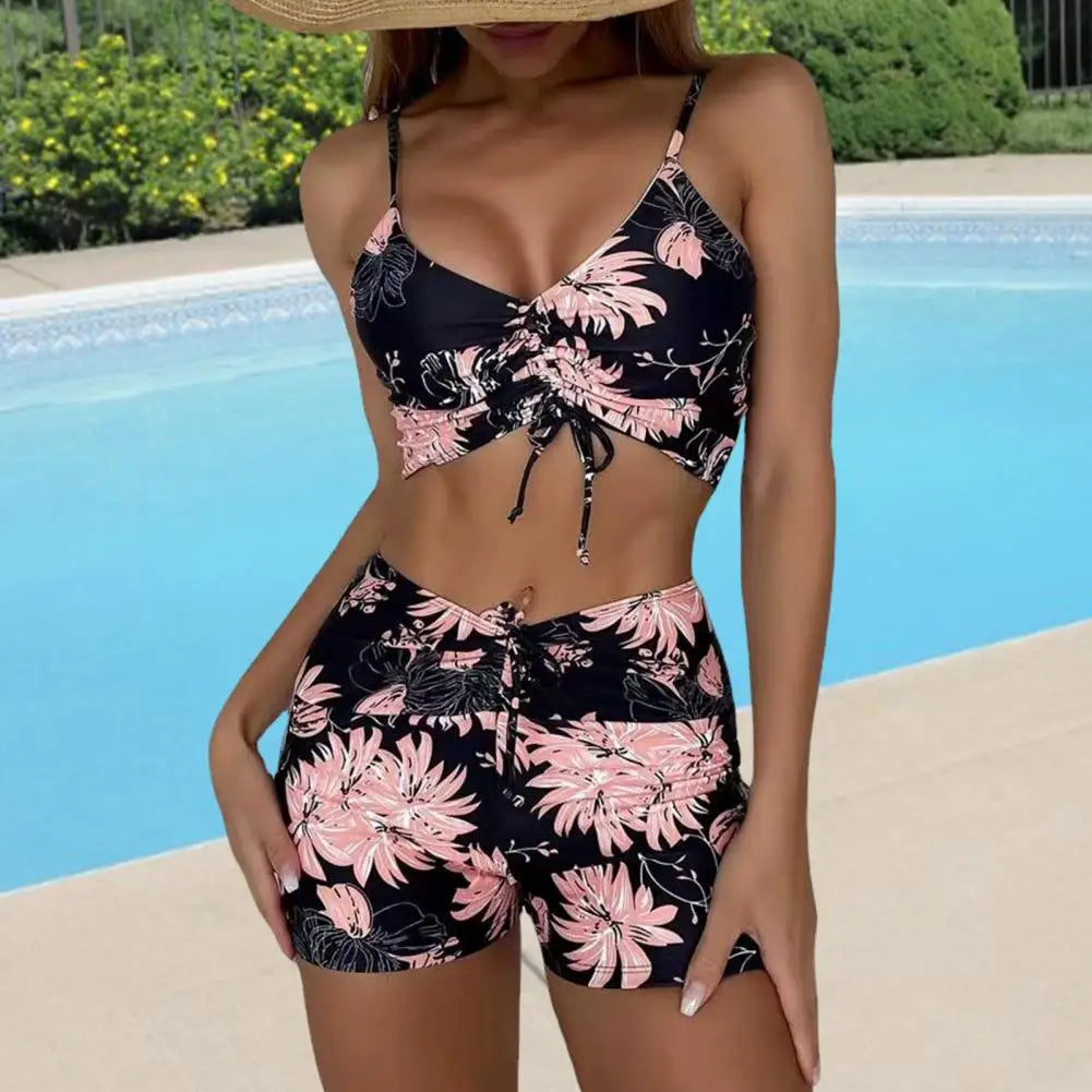 Dam bikini set – V-ringad topp med justerbar dragsko – Hög midja – Stretchtyg