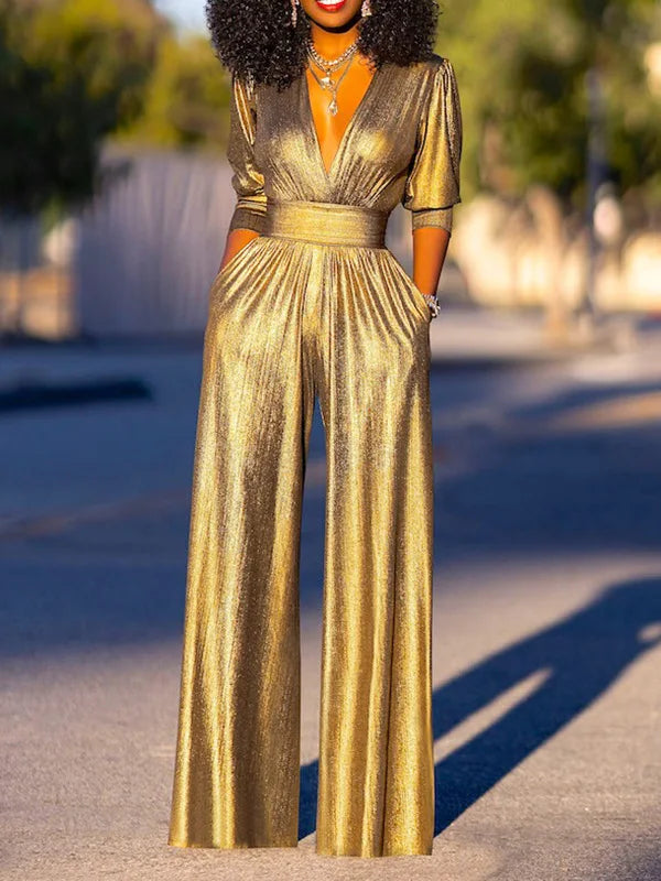 Damdress Jumpsuit - Elegant V-ringning - Vida Ben - Lyxig Glansig Finish