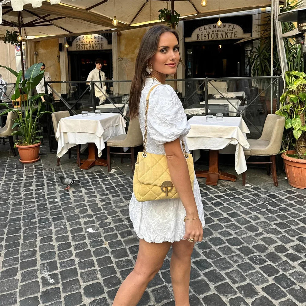 Damklänning – A-linjeformad – Blommig Struktur – V-ringning – Puffärm – Elegant Stil