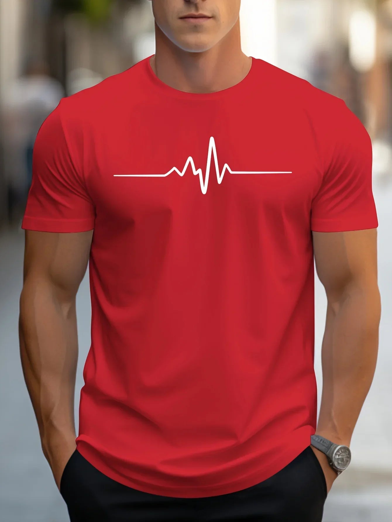 Herr T-shirt – Slim Fit – Mjukstickad – Rundhals – Kort Ärmslut – Grafiskt Tryck