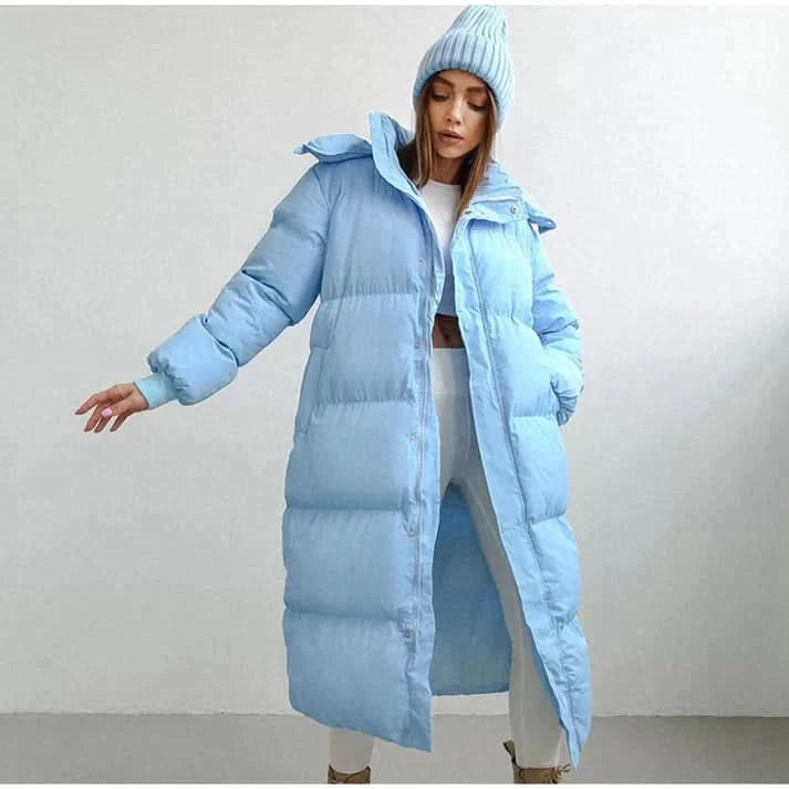 Lång quiltad dunkappa för dam – Varm vaddering – Oversized passform – Med huva
