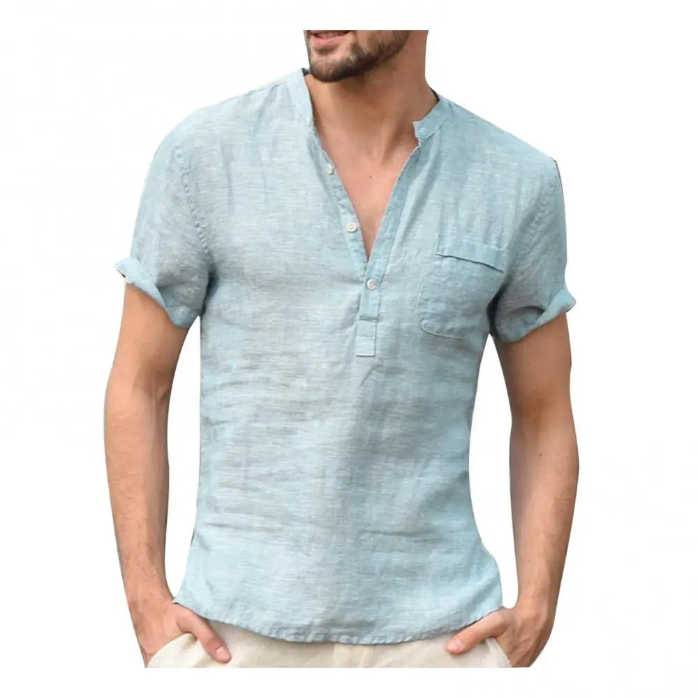 Men’s Casual Linen Blend Short Sleeve Henley Shirt with Relaxed Fit
