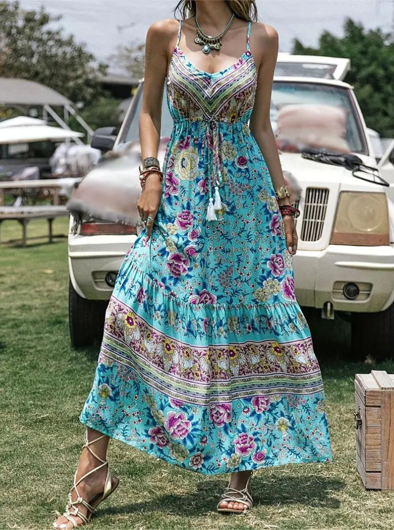 Maxiklänning Dam - Bohemisk Stil - Blommigt Mönster - Lätt och Luftig - Figurnära Midja