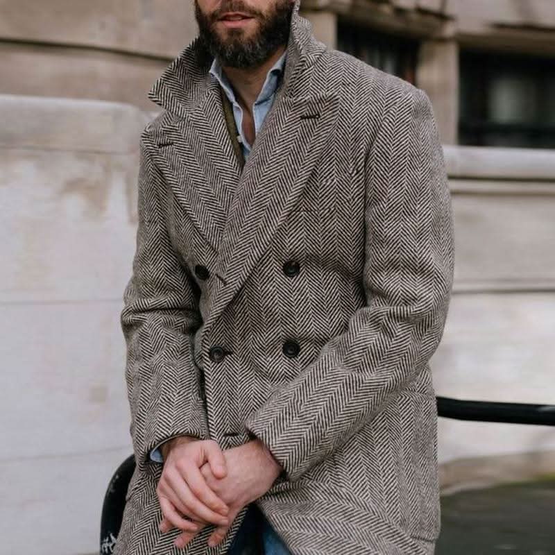 Herrrock - Dubbelknäppt Ullblandning - Herringbone Mönster - Klassisk Lång Elegant Design