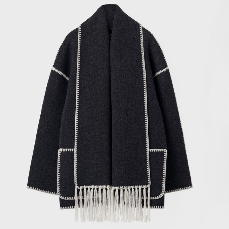 Kvinnors Cape Kappa - Elegant Lös Passform - Knäppning & Fickor - Scarf med Franskant