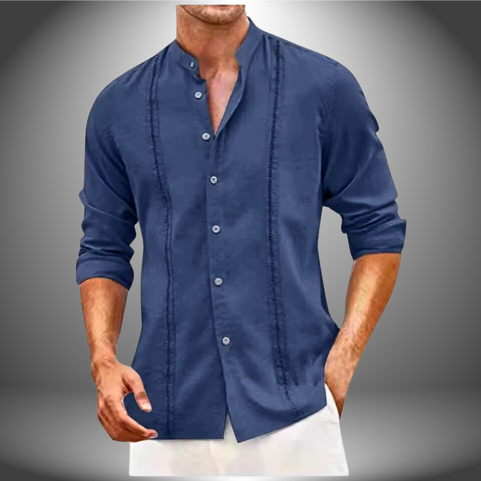 Herrskjorta – Slim Fit – Mandarin Krage – Andningsbar Naturlig Fiber – Knäppning Fram