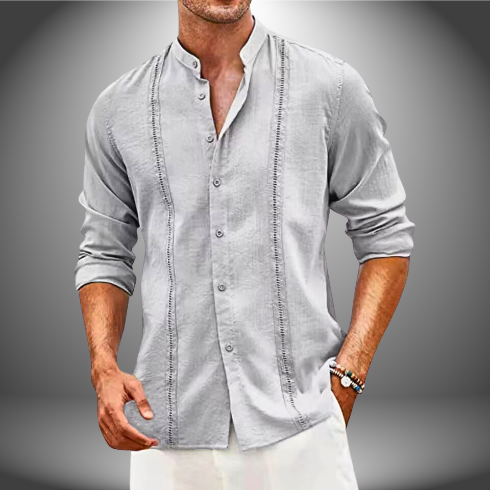 Herrskjorta – Slim Fit – Mandarin Krage – Andningsbar Naturlig Fiber – Knäppning Fram