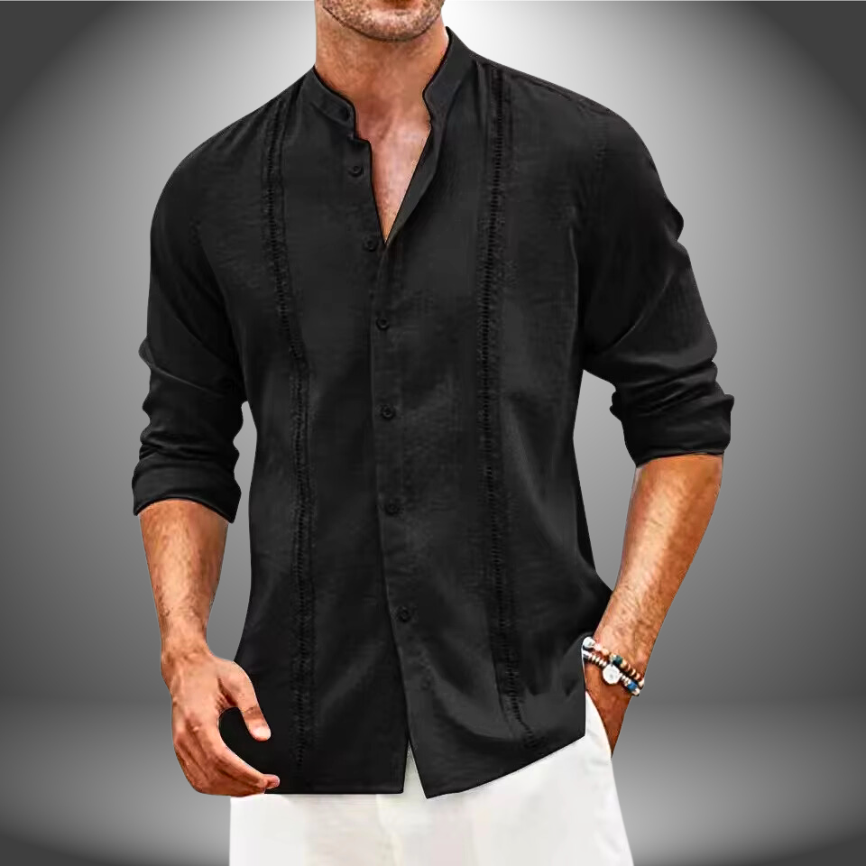 Herrskjorta – Slim Fit – Mandarin Krage – Andningsbar Naturlig Fiber – Knäppning Fram