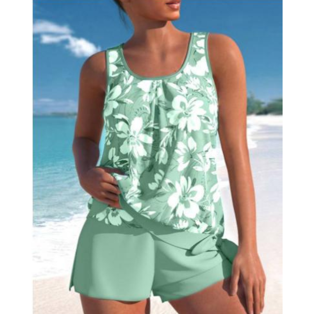 Dam Tankini Set – Avslappnad Passform – Fladdrigt Linne – Andningsbart Tyg – Mellanlånga Shorts