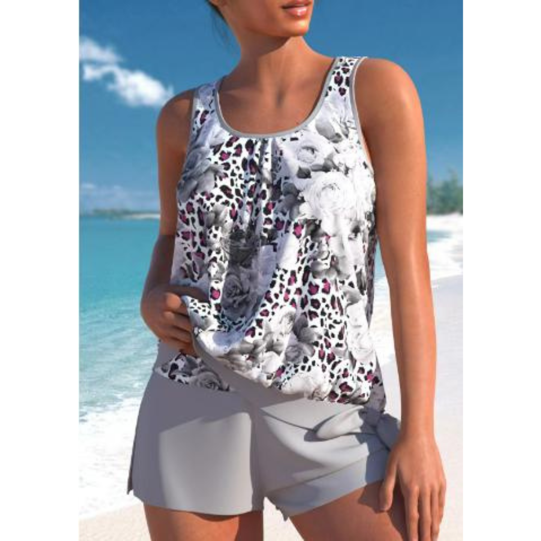 Dam Tankini Set – Avslappnad Passform – Fladdrigt Linne – Andningsbart Tyg – Mellanlånga Shorts
