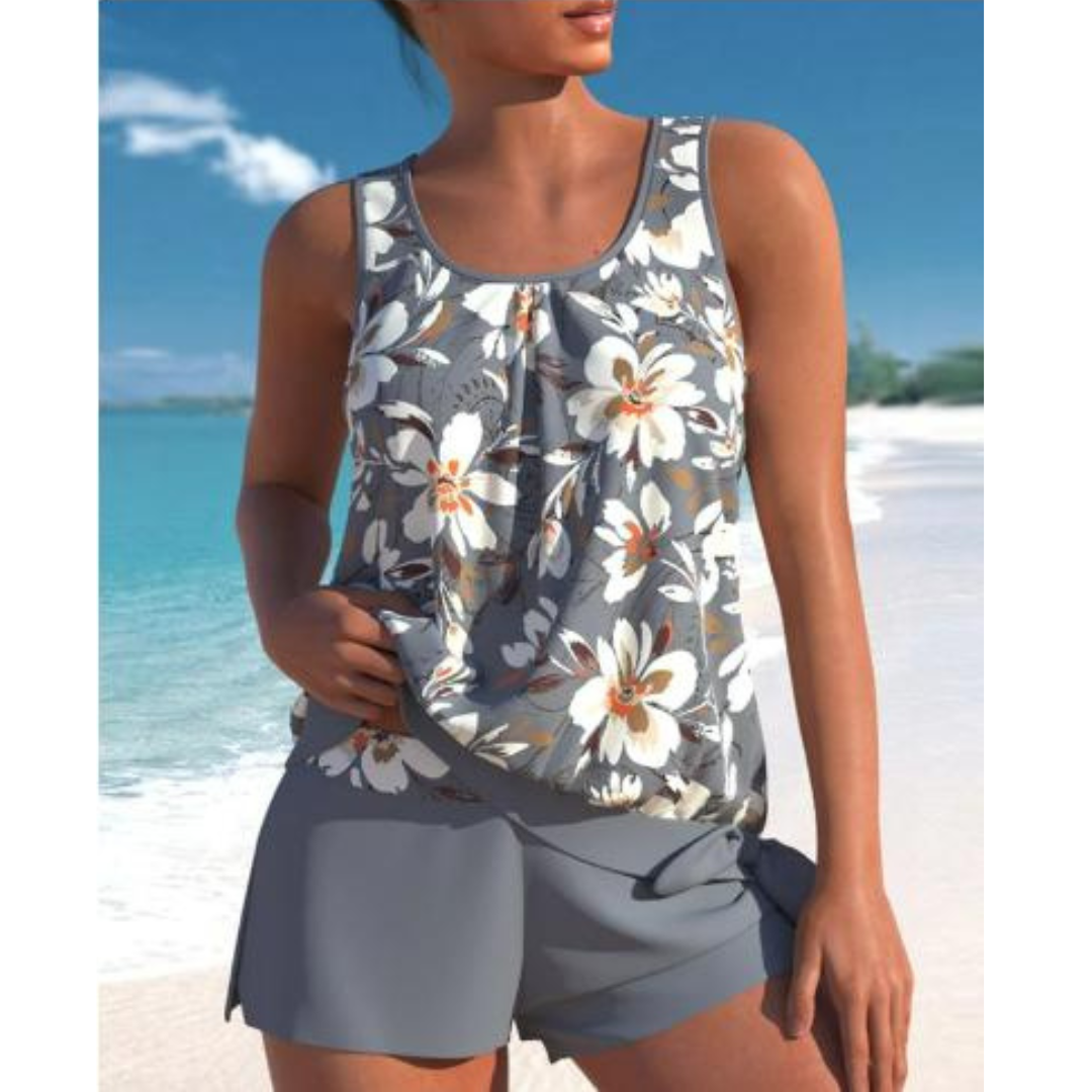 Dam Tankini Set – Avslappnad Passform – Fladdrigt Linne – Andningsbart Tyg – Mellanlånga Shorts