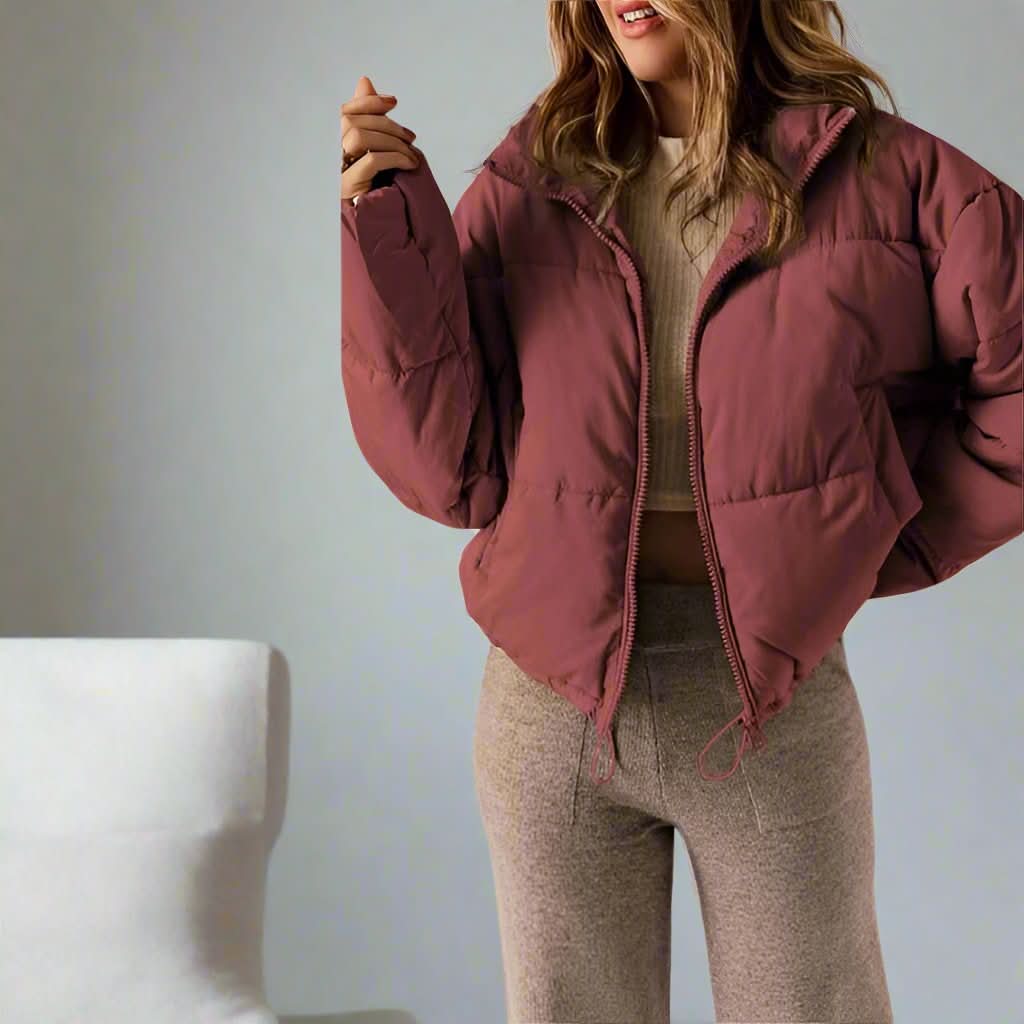 Dunjacka för dam - Croppad Passform - Quiltad Design - Dragkedja & Justerbar Fåll