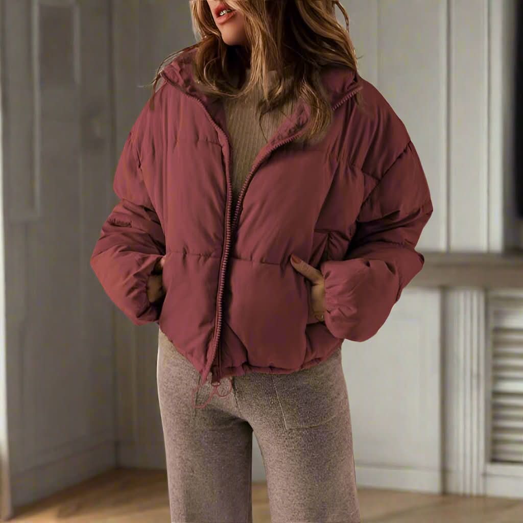 Dunjacka för dam - Croppad Passform - Quiltad Design - Dragkedja & Justerbar Fåll