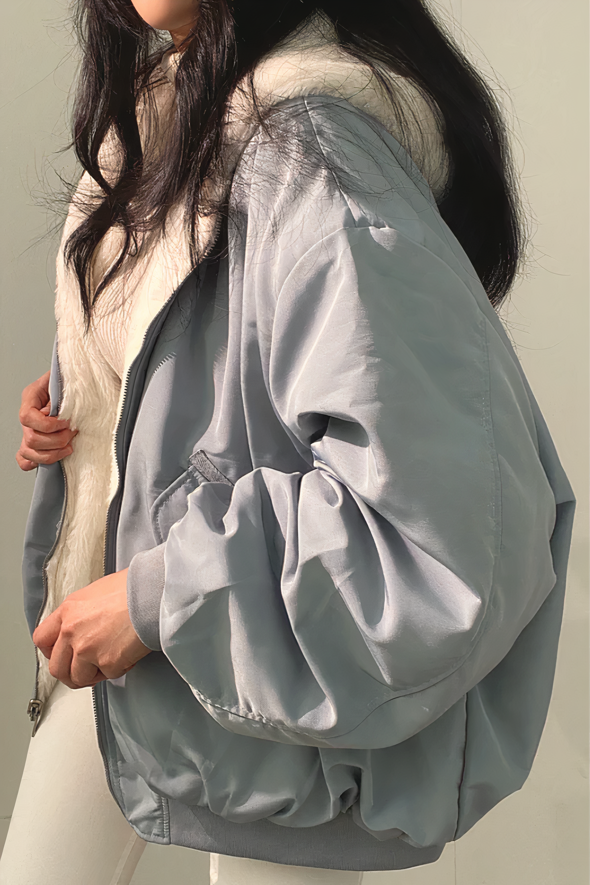 Damdunjacka – Oversized Passform – Vändbar med Mjuk Shearling – Ribbad Kant – Dragkedja