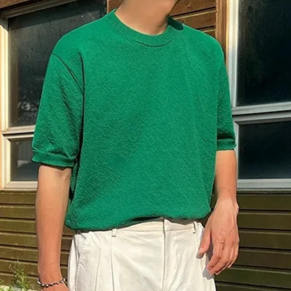 Herr Stickad Tröja - Andningsbar Bomull - Kort Ärm - Regular Fit