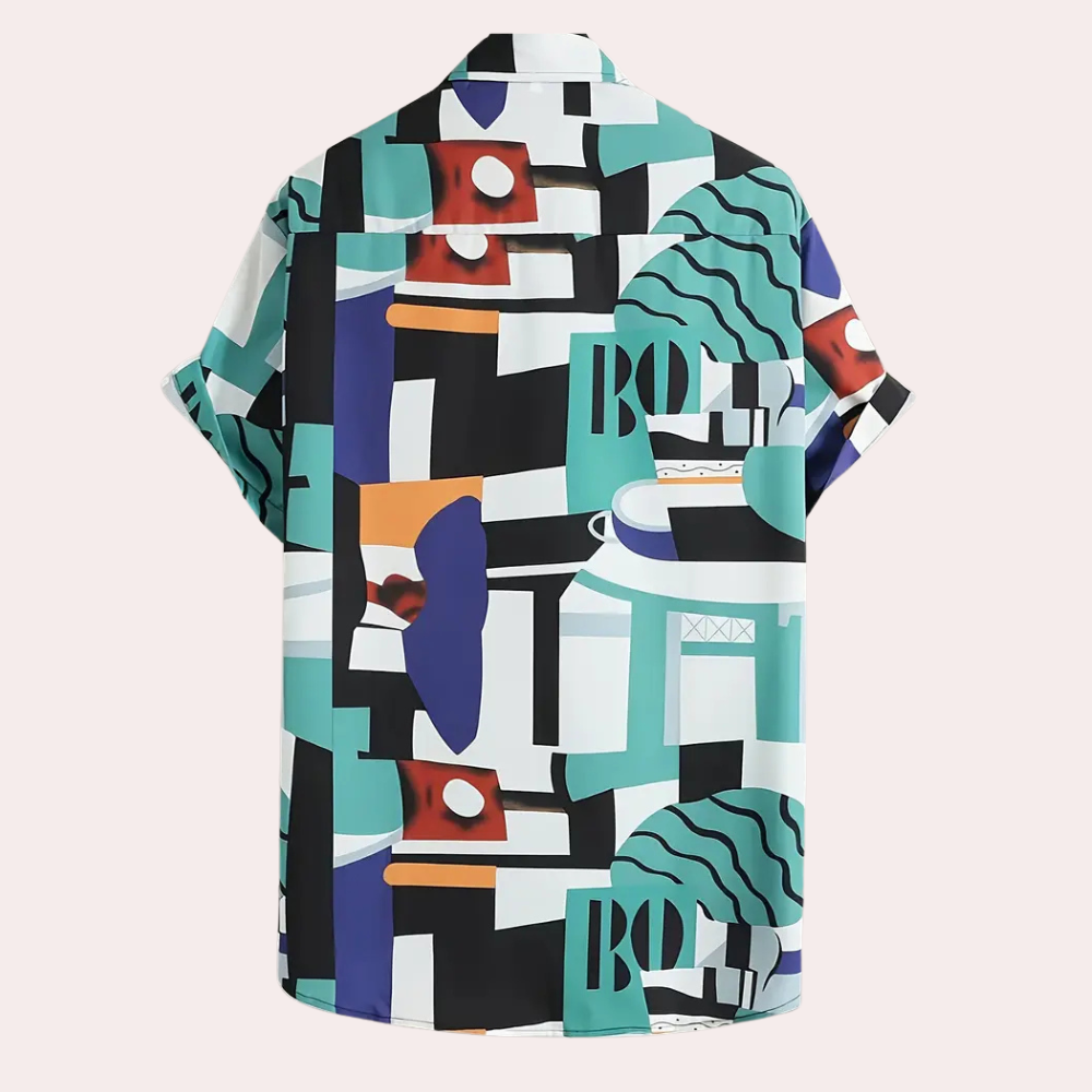 Herr Skjorta - Kortärmad Button-Up - Geometriskt Mönster - Avslappnad Passform