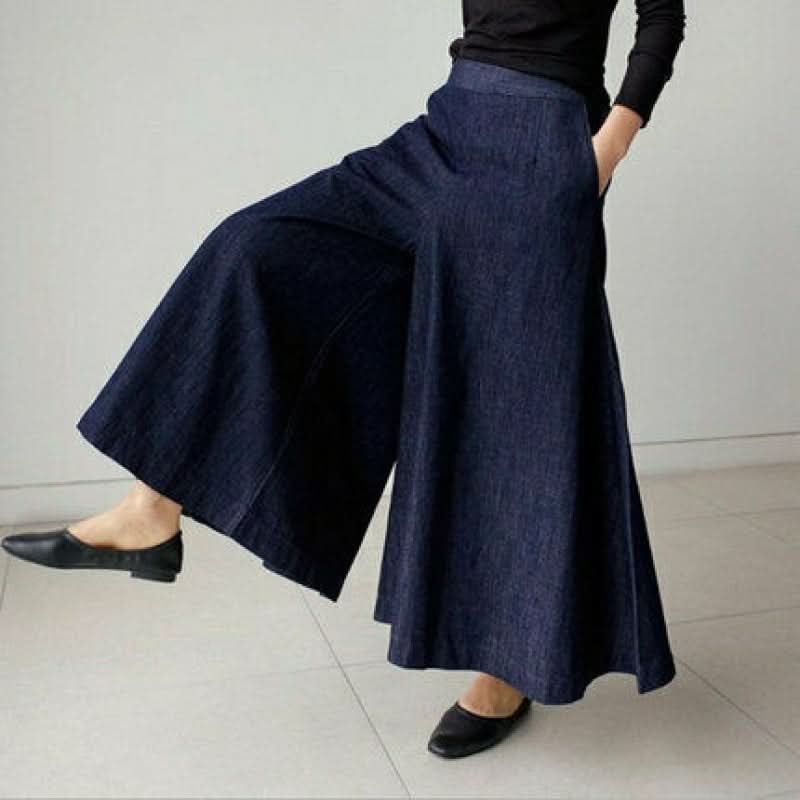 Maxikjol för dam – Vid A-linjeform – Hög midja – Jeansmaterial – Med fickor