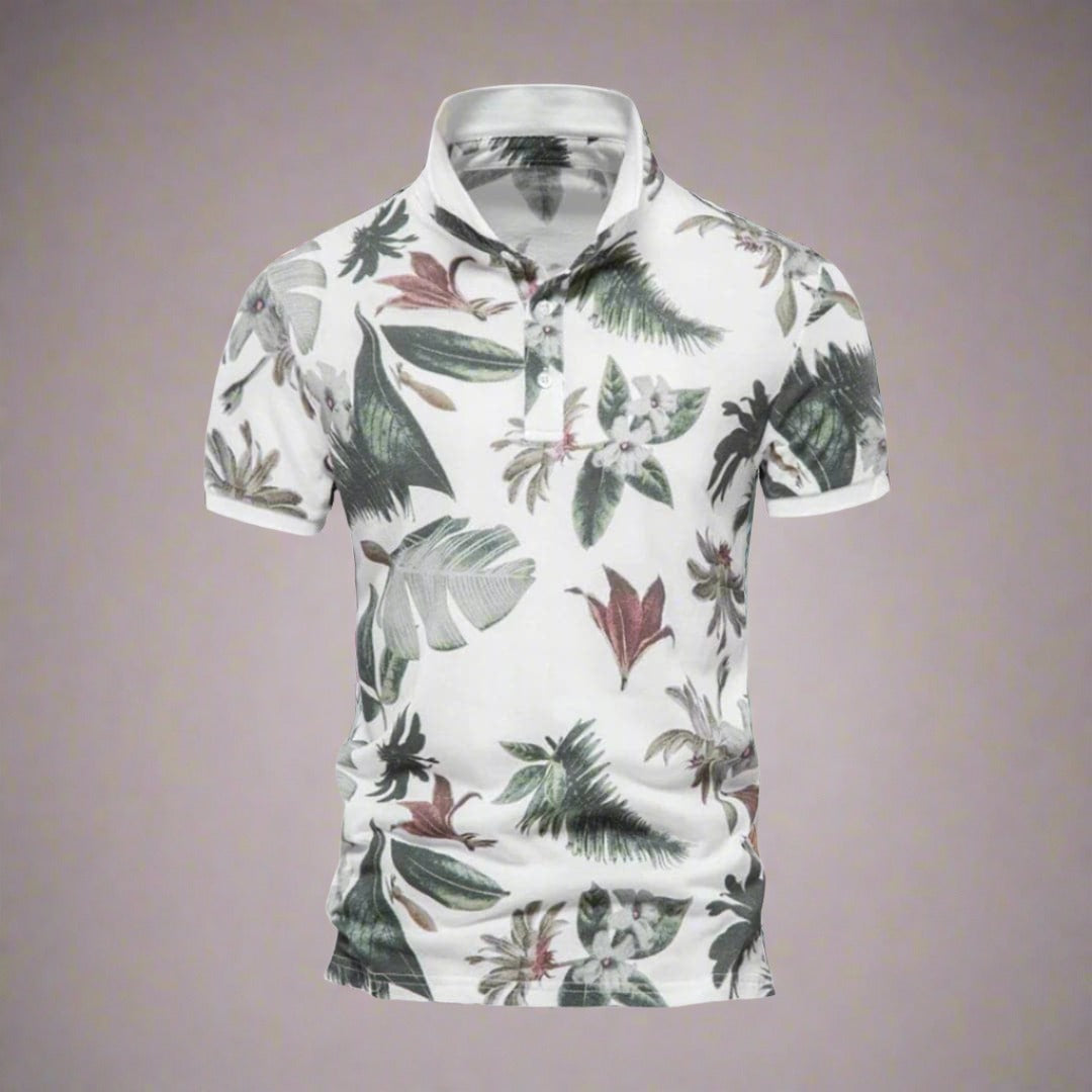 Herr Piké Polo - Andningsbar Bomull - Slim Fit - Tropiskt Blommönster - Kortärmad