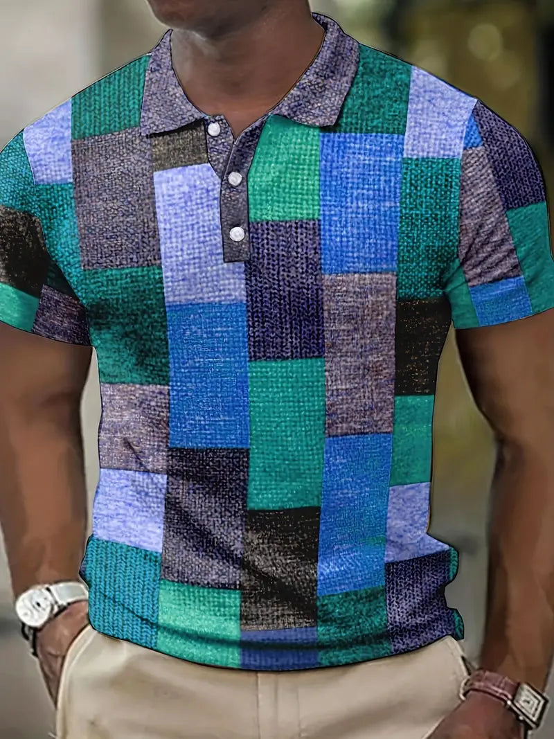 Herr Pikétröja - Patchworkdesign - Vävd Textur - Knappslå - Slim Fit
