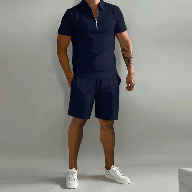 Herrset med piké och shorts – Slim Fit topp – Avslappnad passform – Andningsbar mix – Dragkedjekrage – Dragsko i midjan