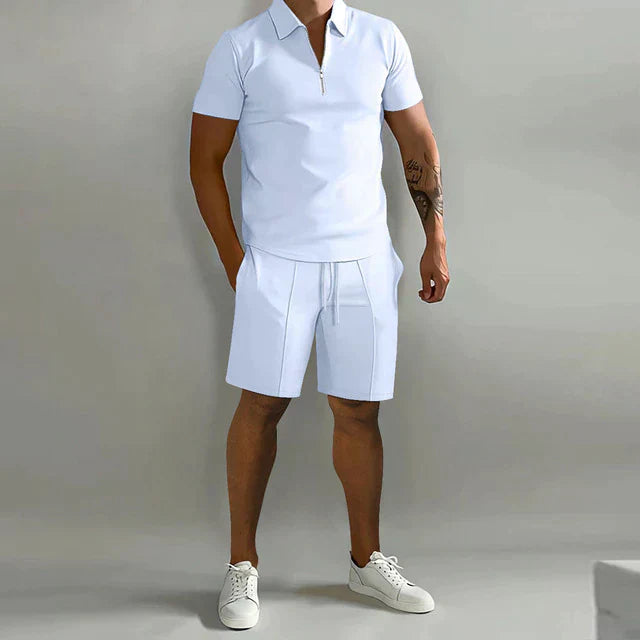 Herrset med piké och shorts – Slim Fit topp – Avslappnad passform – Andningsbar mix – Dragkedjekrage – Dragsko i midjan