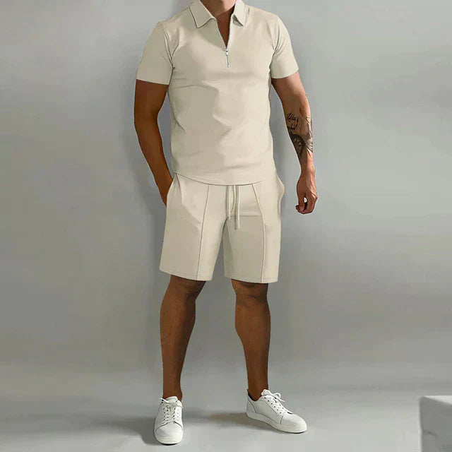 Herrset med piké och shorts – Slim Fit topp – Avslappnad passform – Andningsbar mix – Dragkedjekrage – Dragsko i midjan