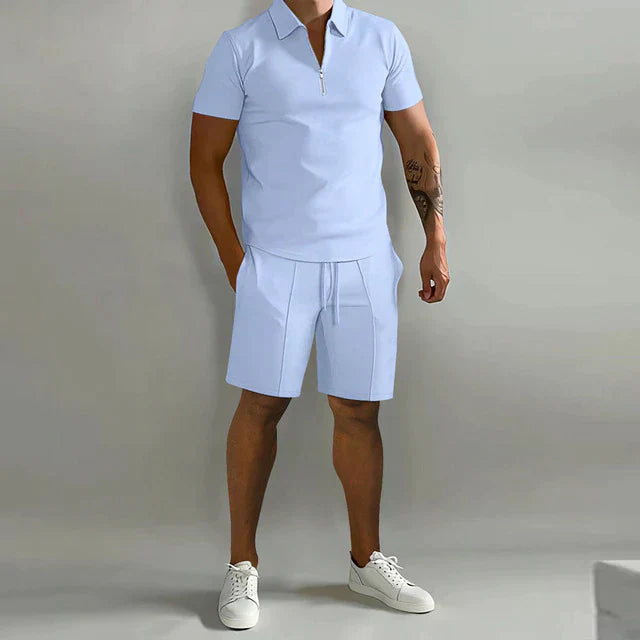 Herr Set med Skjorta och Shorts – Klassisk Passform – Andningsbart Tyg – Dragkedjekrage – Kort Ärm