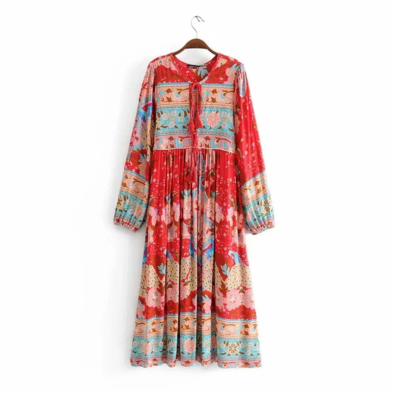 Chloe - Damklänning - Bohemiskt tryck - Långärmad - Midi-längd