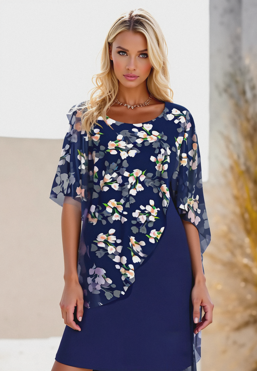 Dam Midiklänning – Avslappnad Passform – Blommigt Mönster – Asymmetrisk Layering – Luftig