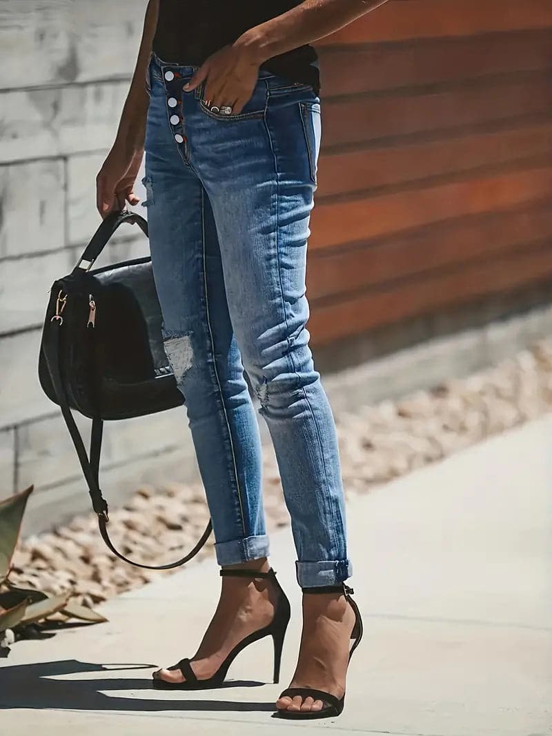 Damjeans - Slim Fit Denim - Knappgylf - Croppad Längd - Trendig Used-Look