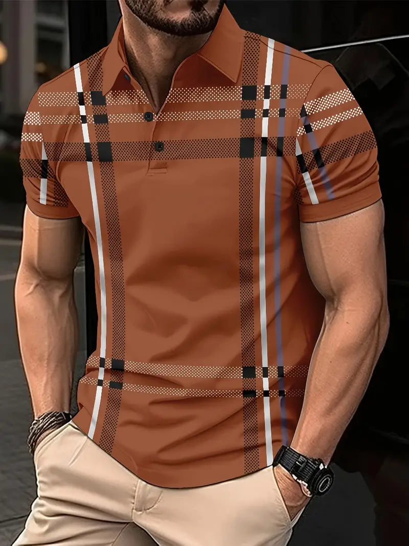 Herr Polo T-shirt - Rutigt Mönster - Slim Fit - Andningsbar Kortärmad