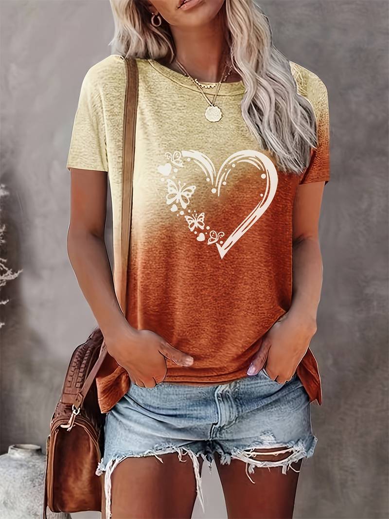Dam T-shirt - Rundhals - Kortärmad - Fjäril & Hjärtmotiv - Bekväm Vardagströja