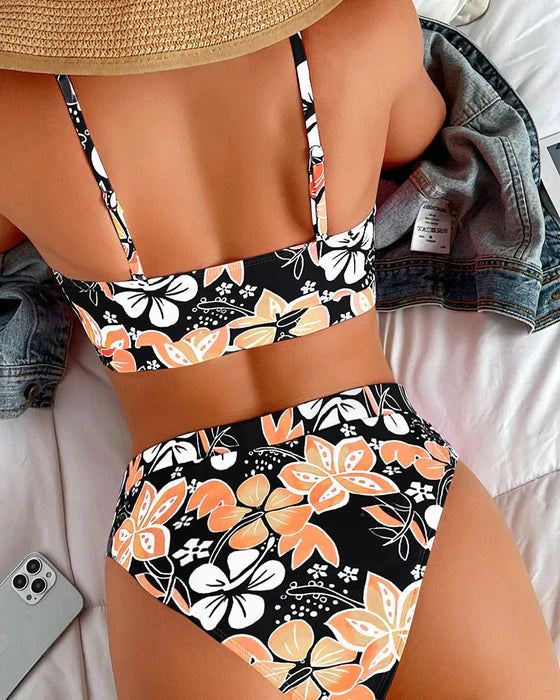 Dam Bikini Set – Högmidjade Trosor – Tanktoppmodell – Blommigt Mönster – Andningsbart Tyg