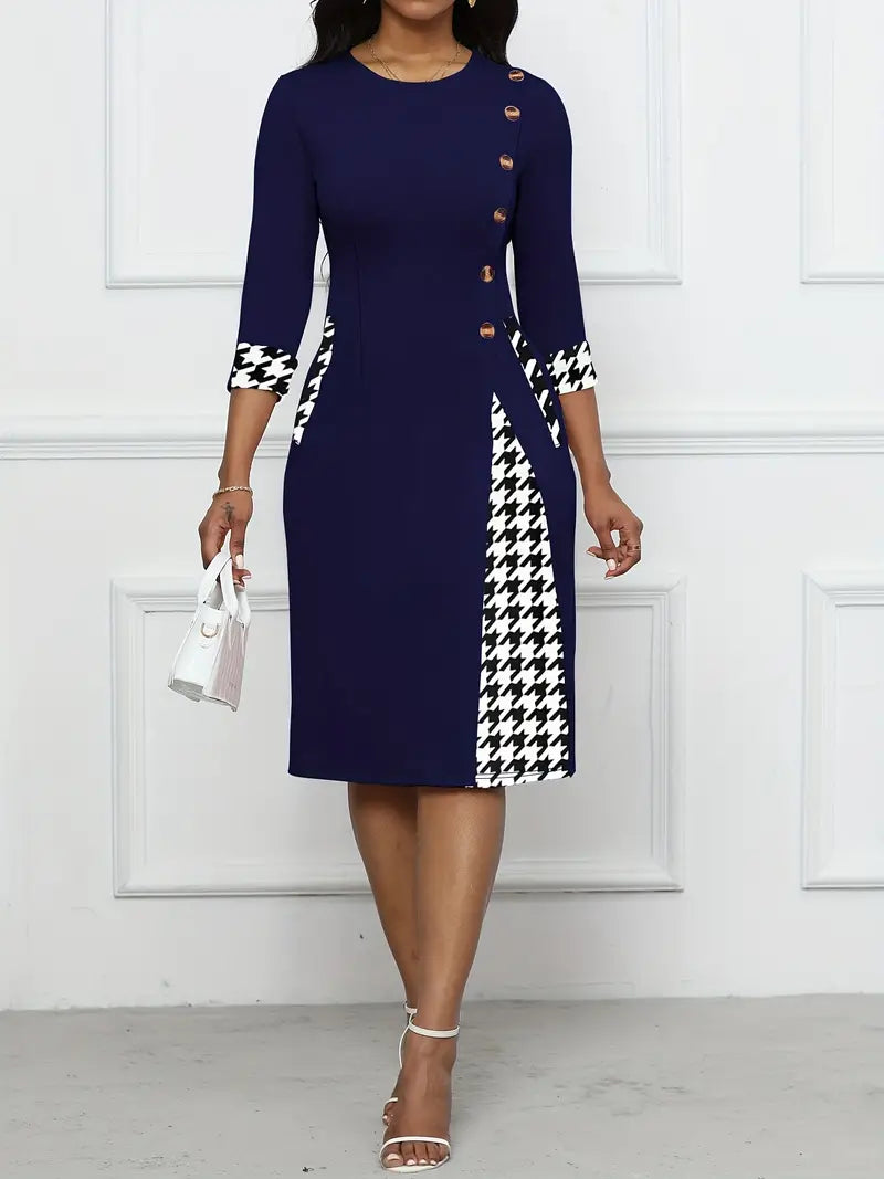 Klänning för Dam - Knälång Bodycon - Rund Hals - Trettondelsärm - Houndstooth Detaljer - Eleganta Knappar