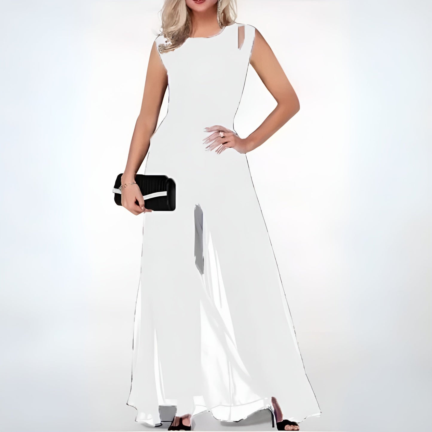 Dam Jumpsuit - Ärmös - Utskuren Detalj - Vida Ben - Maxi Overlay - Elegant Festdräkt