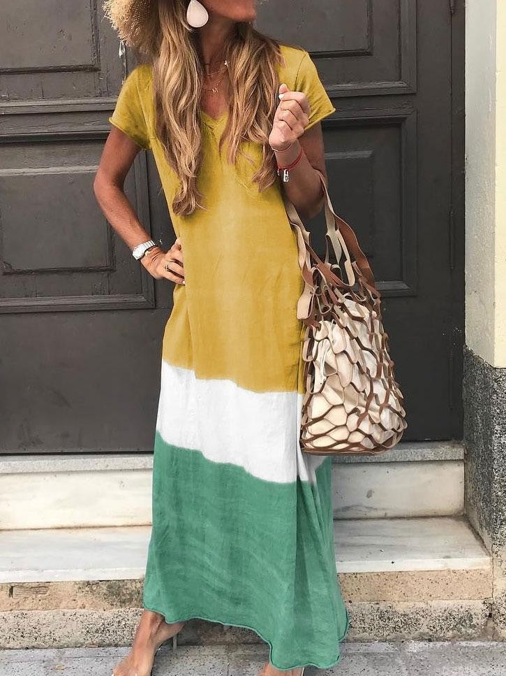 Damklänning Maxi – Avslappnad Passform – Kort Ärm – V-Ringning – Randig Patchwork – Andningsbar Textil