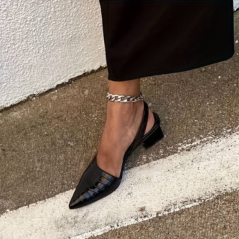 Dam Slingback-klackar – Krokopräglad Yta – Spetsig Tå – Mellanhög Blockklack – Elegant Passform
