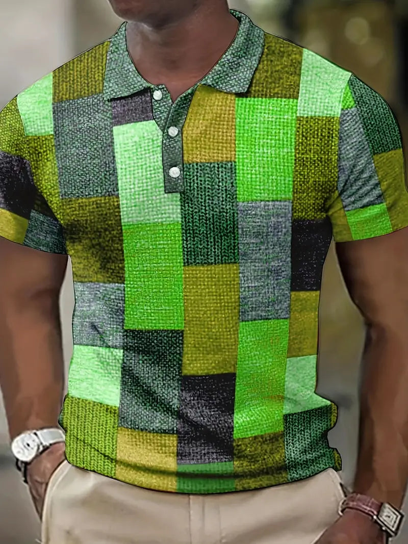 Herr Pikétröja - Patchworkdesign - Vävd Textur - Knappslå - Slim Fit