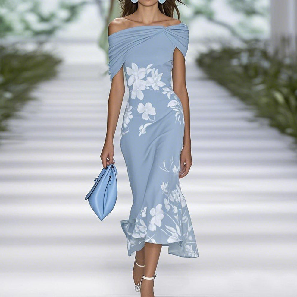 Damklänning midi – off shoulder – markerad midja – blommigt mönster – luftig kvalitet