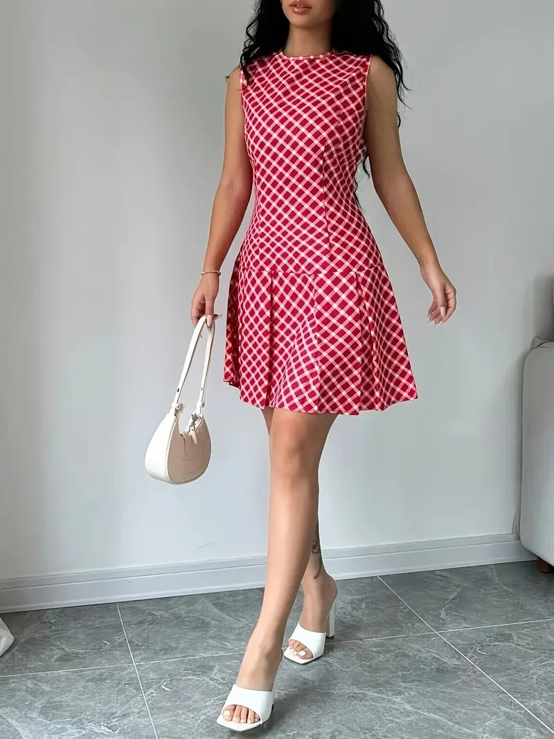 Damklänning - Ärmlös A-linje - Rutig - Rund hals - Figursydd Midja
