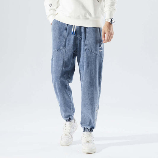 Herr Joggerbyxor – Avslappnad Passform – Denim – Dragsko i Midjan – Elastiska Muddar