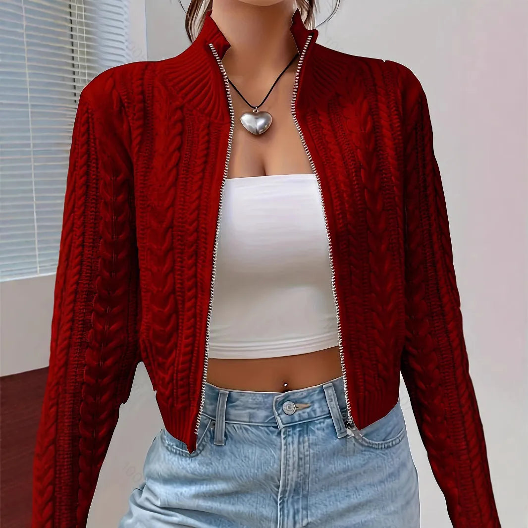 Dam Retro Cardigan - Kort Hampa Mönster - Dubbelhuvad Dragkedja