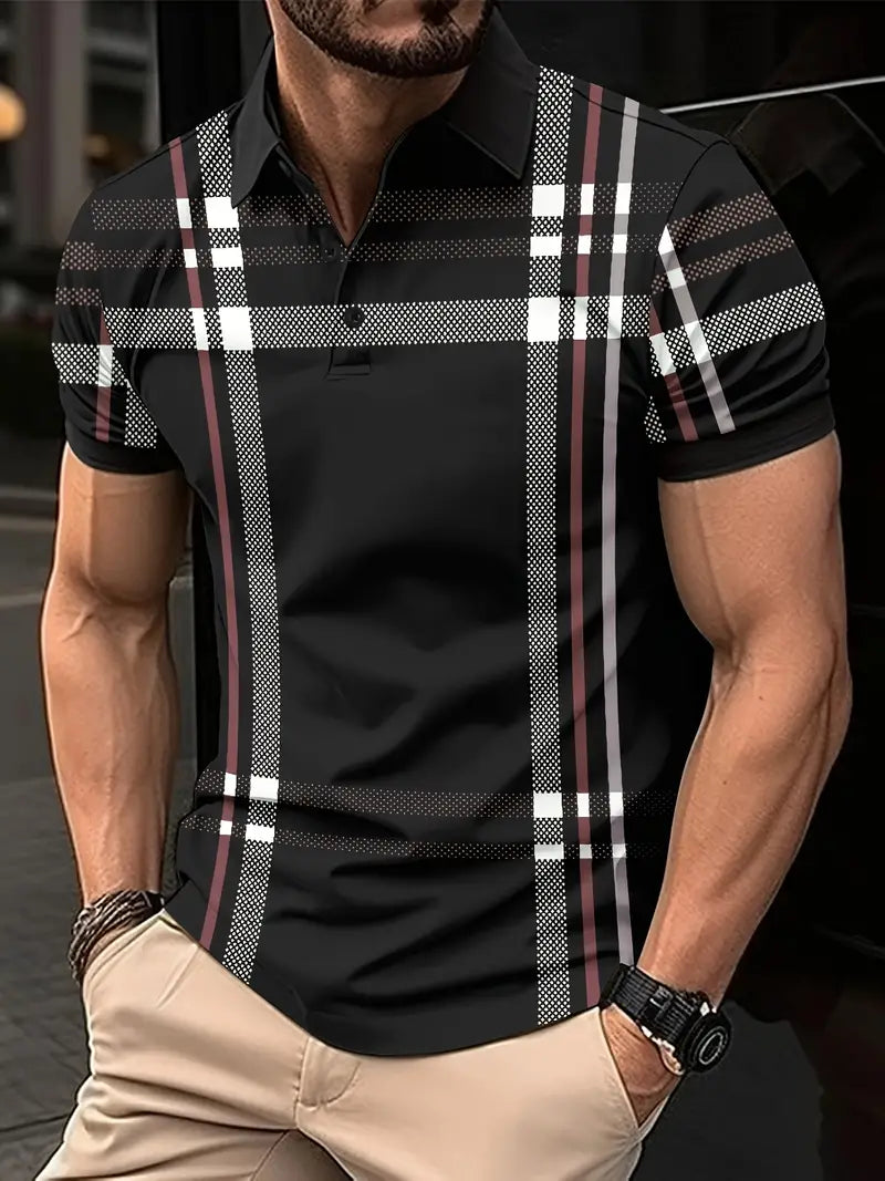 Herr Polo T-shirt - Rutigt Mönster - Slim Fit - Andningsbar Kortärmad