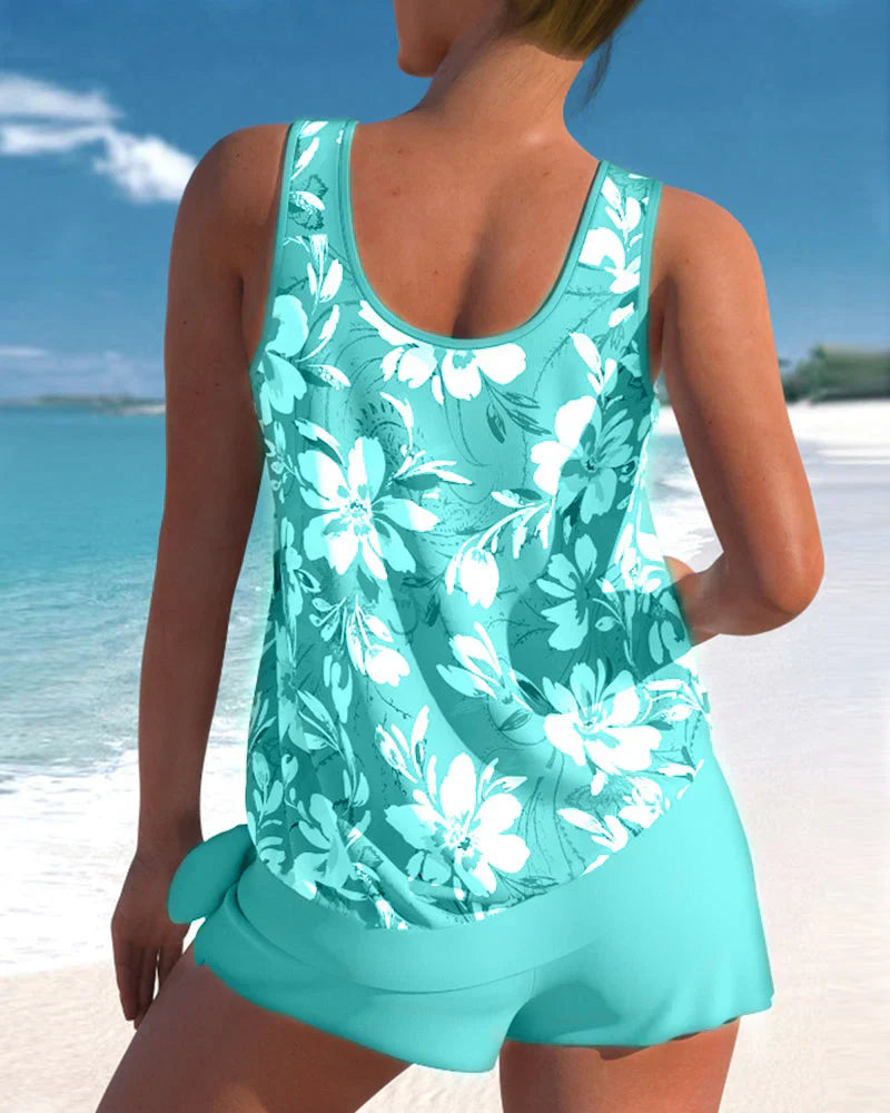 Dam Tankini Set – Avslappnad Passform – Fladdrigt Linne – Andningsbart Tyg – Mellanlånga Shorts