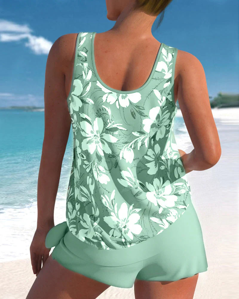 Dam Tankini Set – Avslappnad Passform – Fladdrigt Linne – Andningsbart Tyg – Mellanlånga Shorts