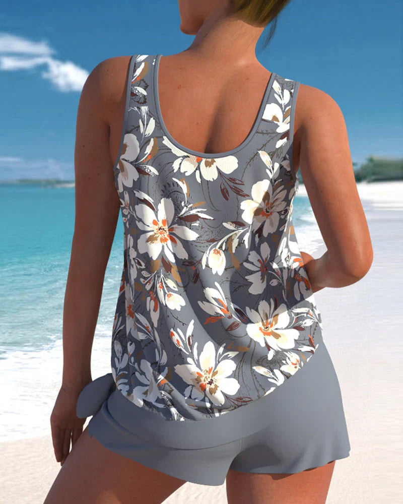 Dam Tankini Set – Avslappnad Passform – Fladdrigt Linne – Andningsbart Tyg – Mellanlånga Shorts