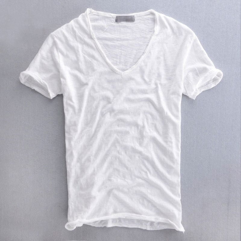 Herr T-shirt – V-ringning – Mjukstickad – Normal passform – Kort ärm – Naturliga fibrer