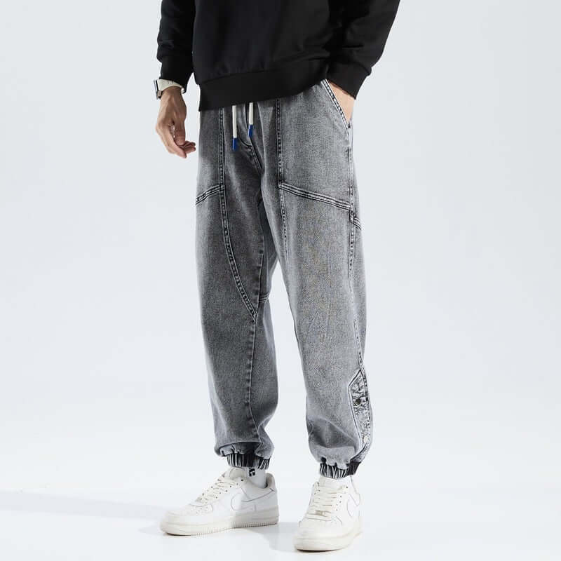 Herr Joggerbyxor – Avslappnad Passform – Denim – Dragsko i Midjan – Elastiska Muddar